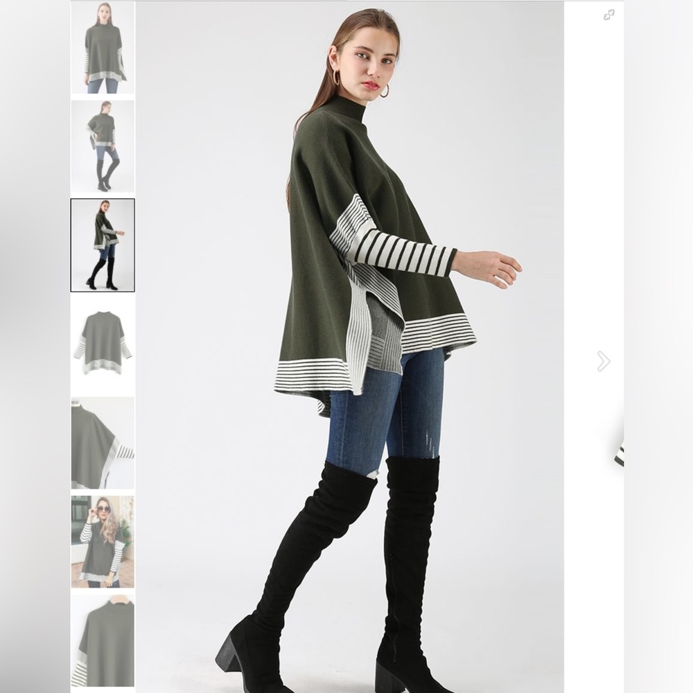 Chicwish - Lie in Olive Fields Striped Oversize Knit Cape Sweater